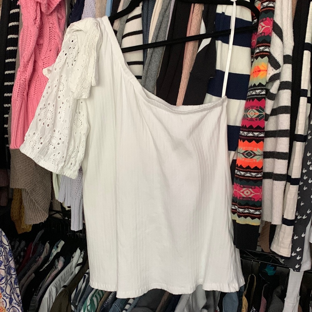 Anthropologie Porridge one shoulder eyelet top bow large white